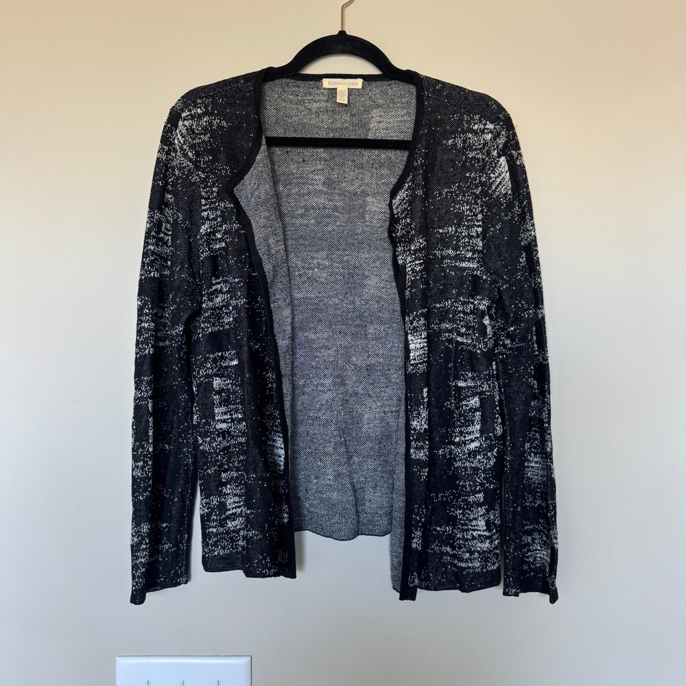 Eileen Fisher Black White Abstract Organic Linen Blend Open Cardigan Sweater M
